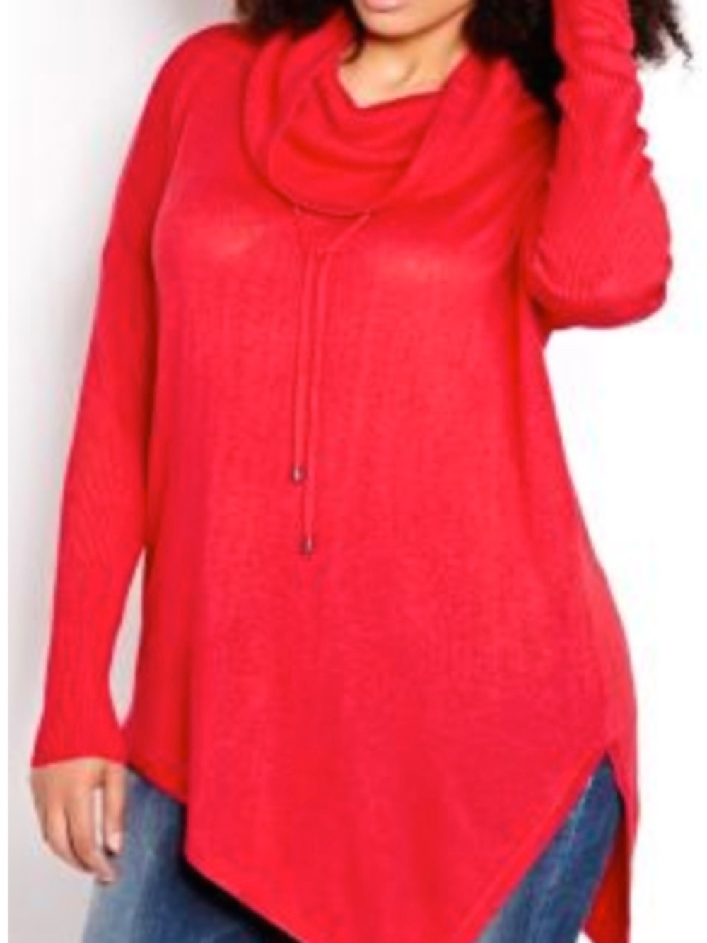 SWEATER, FUNNEL NECK, SCARLET, SIZE 4X, ASYMMETRIC HEM, DRAWSTRING AT NECK, LONG